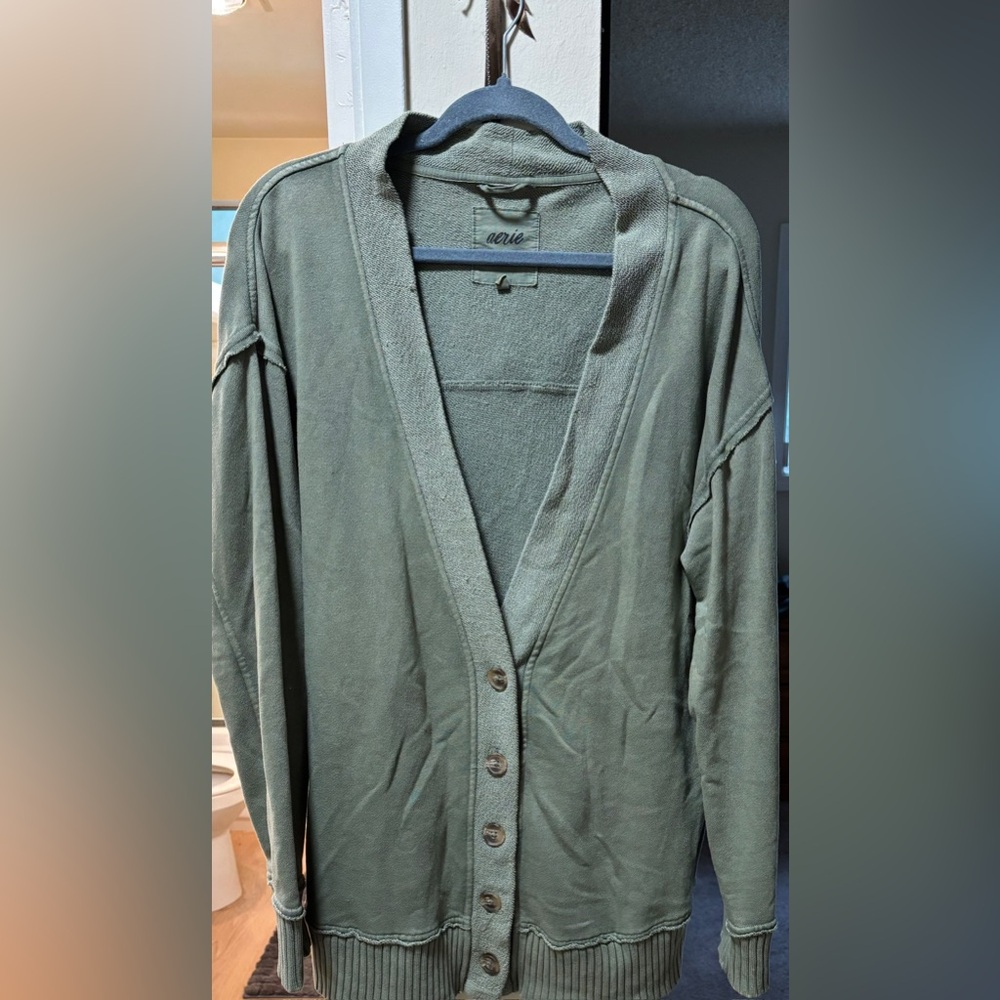 aerie Green Button-Front Cardigan